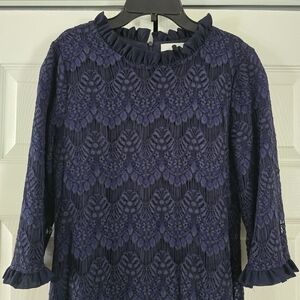 Daity Jewells Women's Elegant Round Neck 3/4 Sleeve Lined Navy Lace Midi Dress M